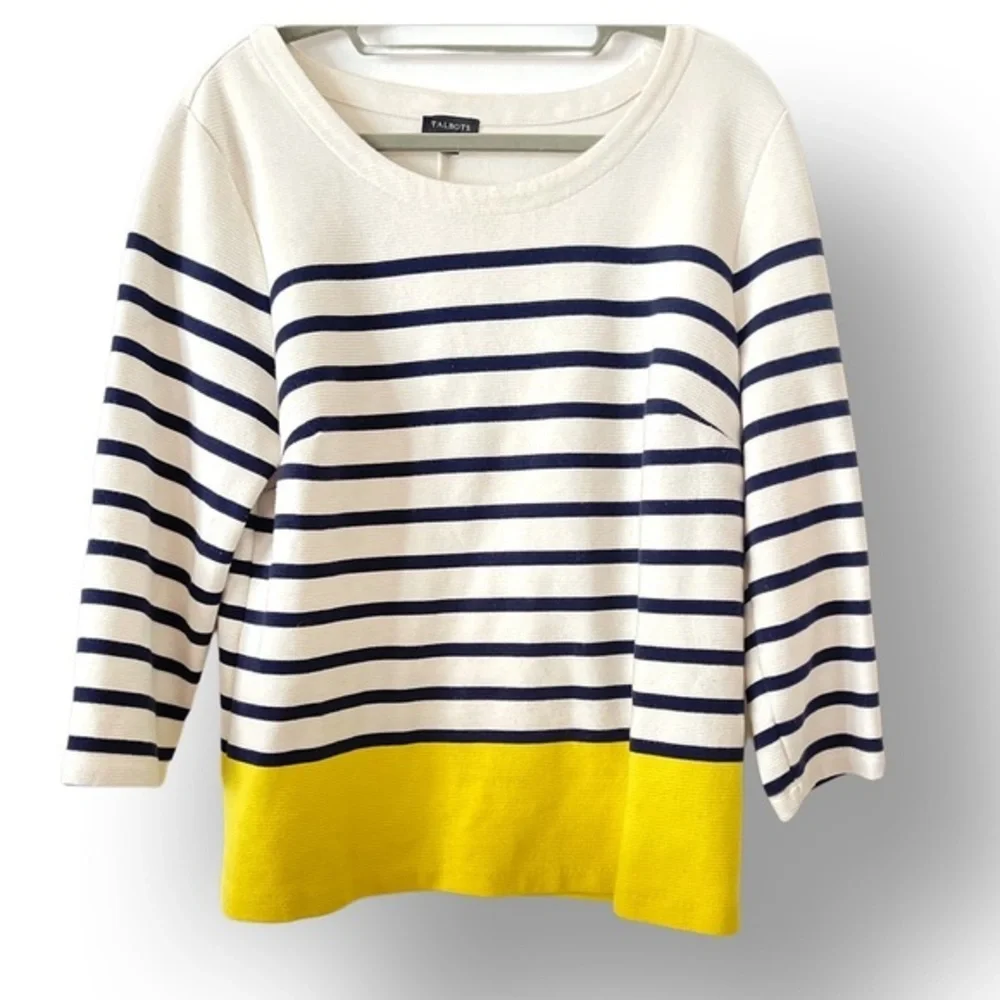 Talbots‎ Pullover Top, Cream/Navy/Yellow, Size L blue and yellow stripe